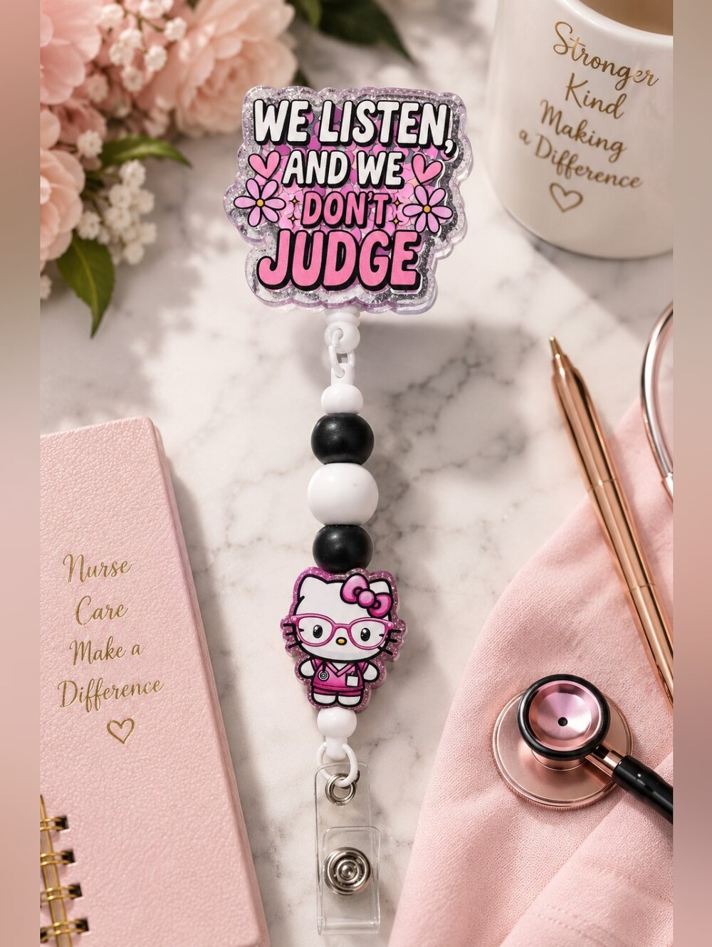 Hello Kitty Pink Badge Reel with Beaded Lanyard - We Listen And We Don't Judge